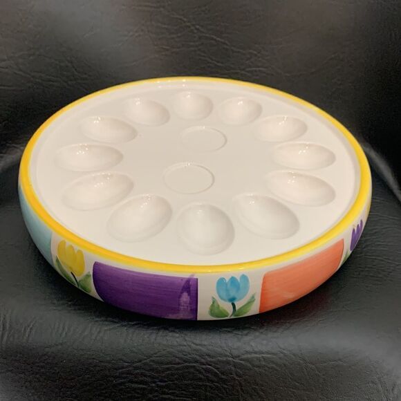 Easter Bunny Devil Egg Serving Tray Spring Flower Vintage Holiday Yellow Purple - Picture 6 of 7